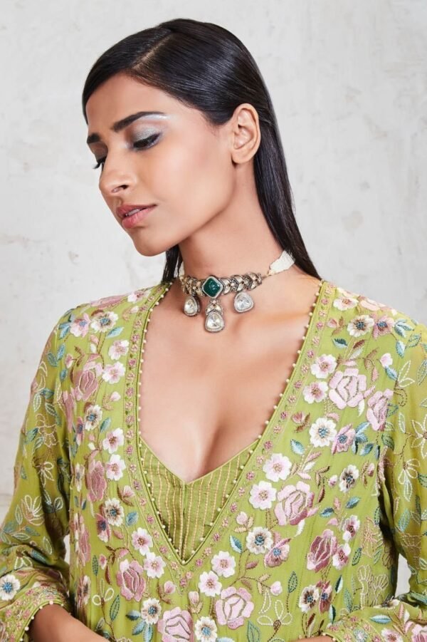 Green Embroidered Kalidar Kurta Set - Image 5