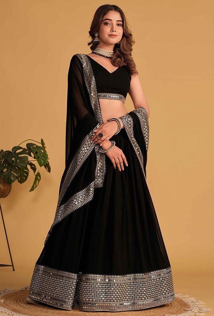 Black Sequin Embroidered Faux Blooming Lehenga Set