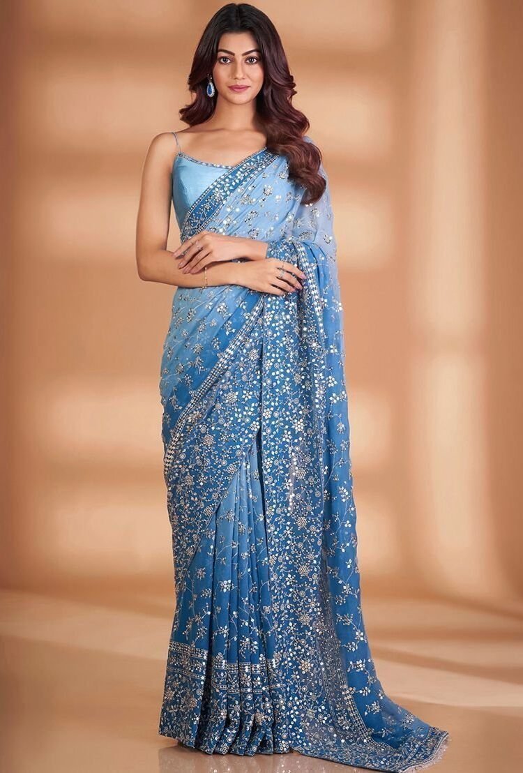 Blue Solid Georgette Saree Set