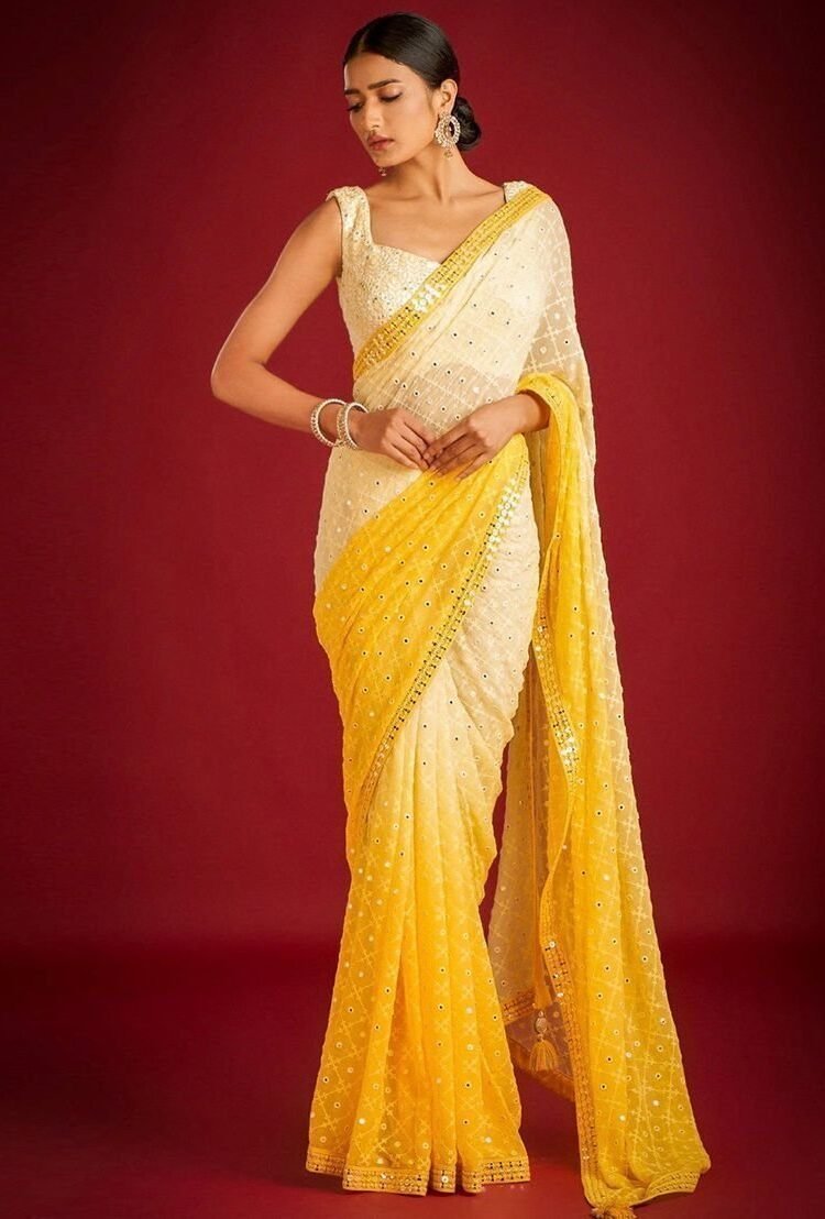 Yellow Solid Georgette Saree Set