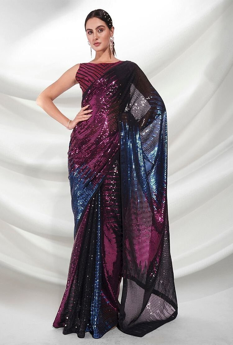 Pink Sequin Embellished Pure Georgette Saree Set