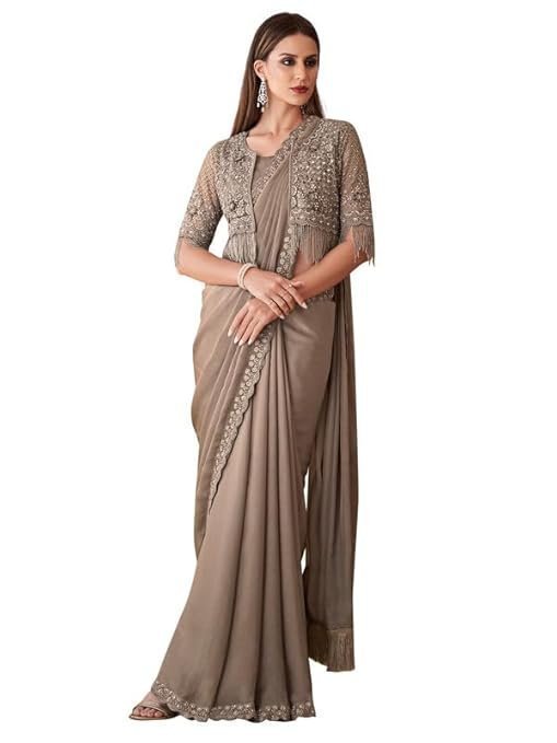 AKHILAM Women's Georgette Embellished Saree With Unstitched Blouse Piece