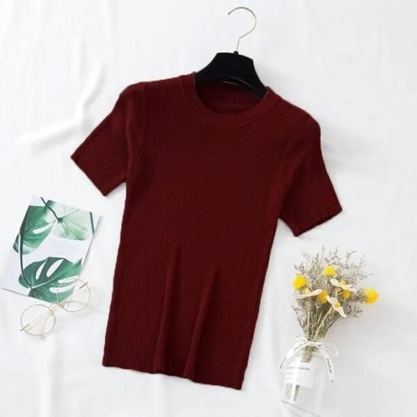 Istyle Can Slim Fit Plain Stretchable Round Neck Rib Knit Short Sleeve Regular Top for Women | T Shirt | Tee - Image 3
