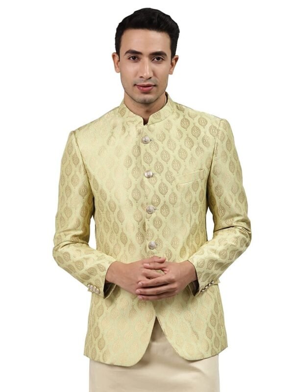 Men Off-White Self-Design Slim Fit Bandhgala Blazer