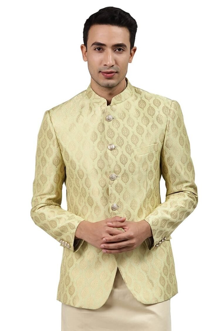 Men Off-White Self-Design Slim Fit Bandhgala Blazer