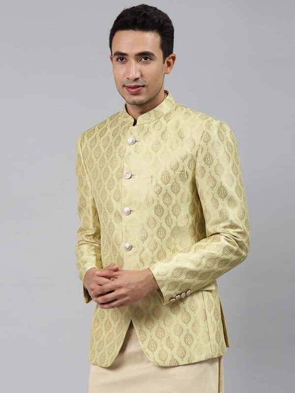 Men Off-White Self-Design Slim Fit Bandhgala Blazer - Image 3