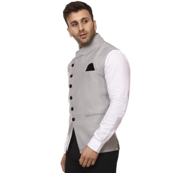 plain Chinese Collar Sleeveless Cotton Poly Nehru Jacket - Image 3