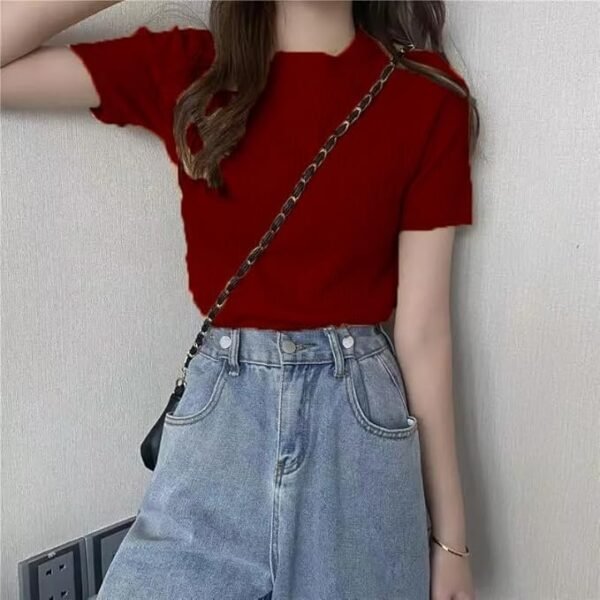 Istyle Can Slim Fit Plain Stretchable Round Neck Rib Knit Short Sleeve Regular Top for Women | T Shirt | Tee - Image 5