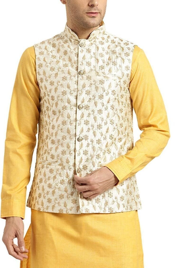 Mens Silk Blend, Embroidered Nehru Jacket