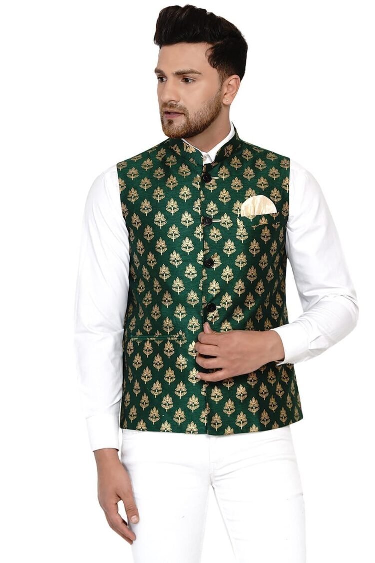 Men's Banarasi Printed Nehru Jacket (Green)