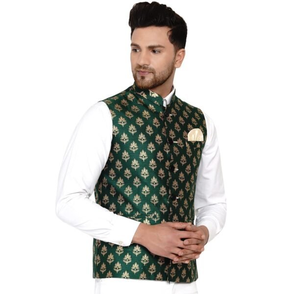 Men's Banarasi Printed Nehru Jacket (Green) - Image 3