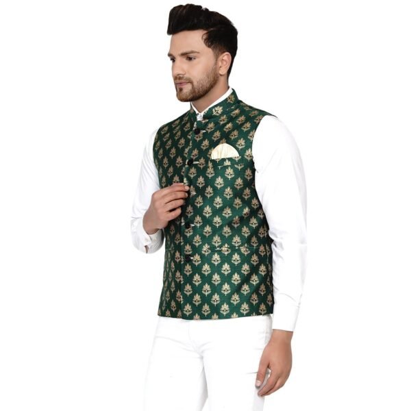 Men's Banarasi Printed Nehru Jacket (Green) - Image 2