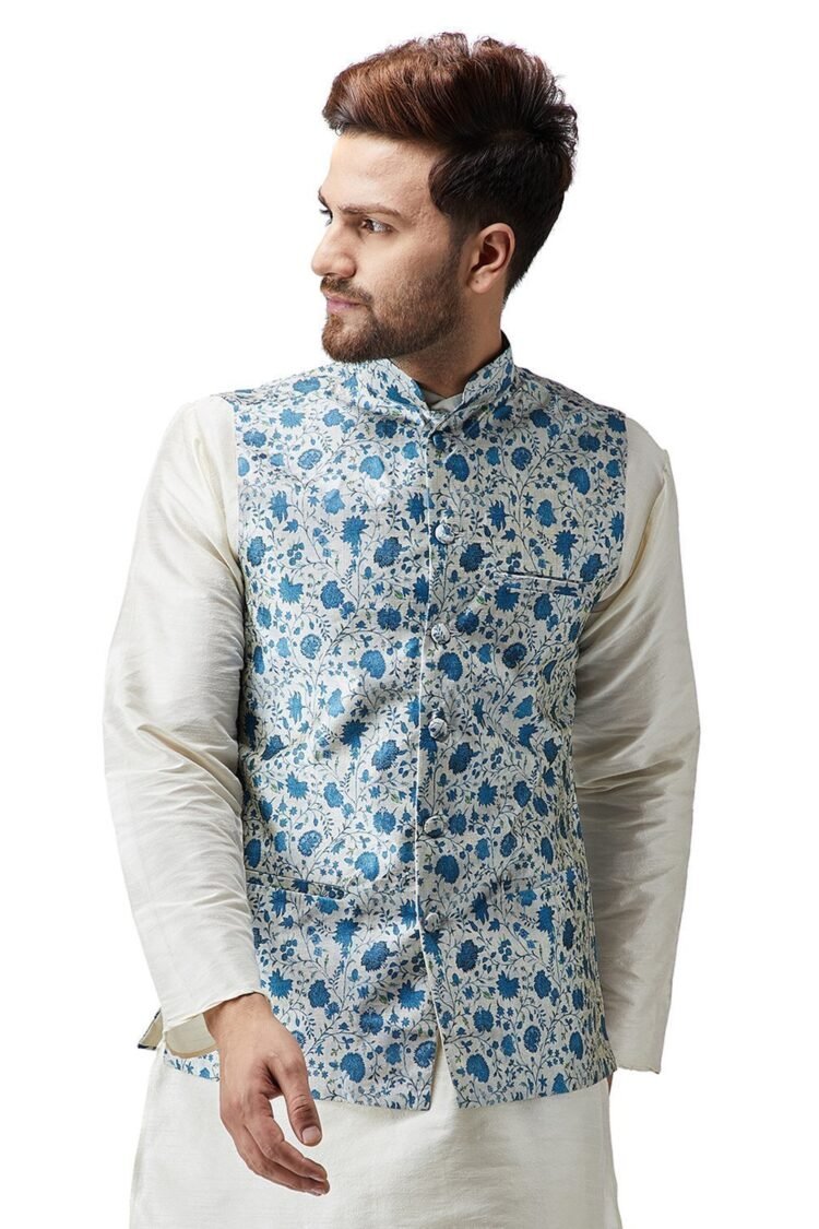 Men's Silk Blend Red Printed ONLY Nehru Jacket