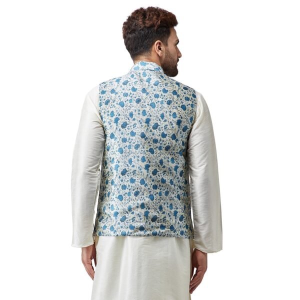 Men's Silk Blend Red Printed ONLY Nehru Jacket - Image 3