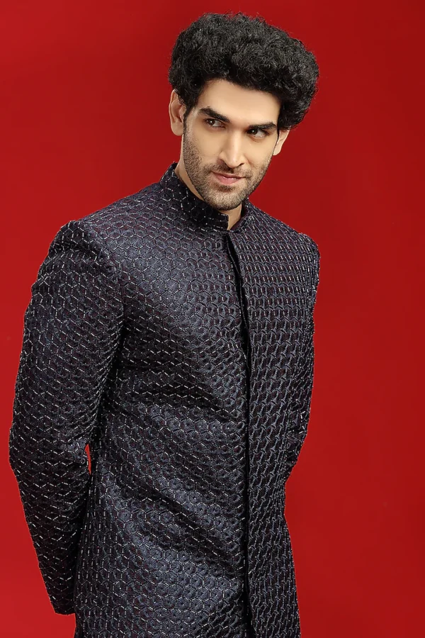 Navy Blue Embroidered Indowestern Set - Image 2