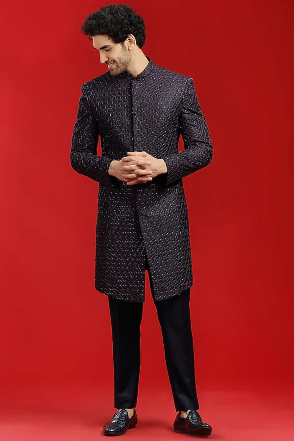 Navy Blue Embroidered Indowestern Set - Image 4