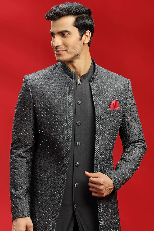 Charcoal Embroidered Indowestern Set - Image 4