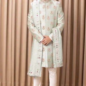 Mint Green Embroidered Sherwani Set