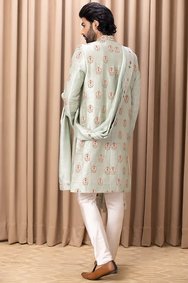 Mint Green Embroidered Sherwani Set - Image 2
