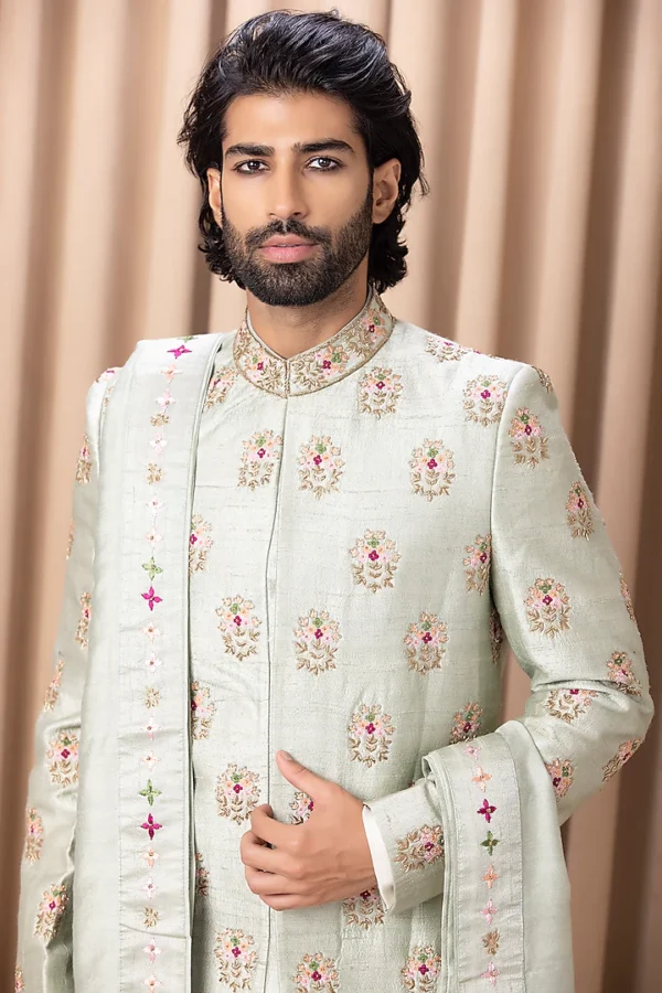 Mint Green Embroidered Sherwani Set - Image 4
