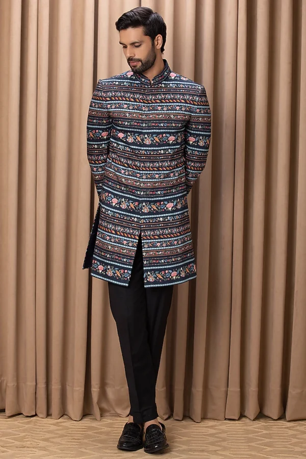 Navy Printed Indowestern Jacket Set