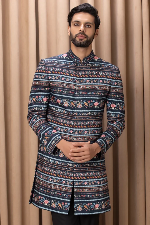 Navy Printed Indowestern Jacket Set - Image 2