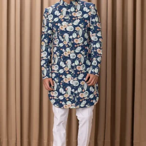 Navy Printed & Hand Painted Indowestern Jacket Set