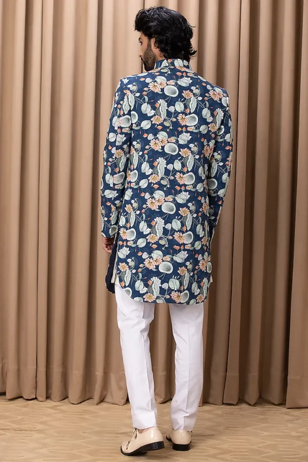 Navy Printed & Hand Painted Indowestern Jacket Set - Image 4
