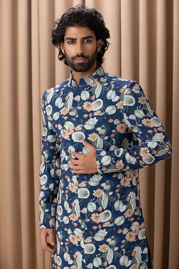 Navy Printed & Hand Painted Indowestern Jacket Set - Image 2