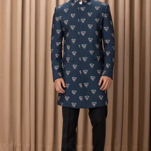 Navy Indowestern Jacket Set With Print