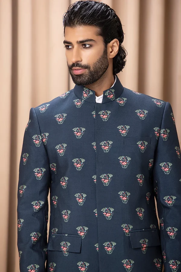 Navy Indowestern Jacket Set With Print - Image 2