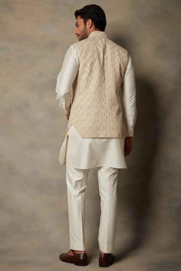 Beige & Cream Embroidered Bundi Jacket With Kurta Set - Image 2
