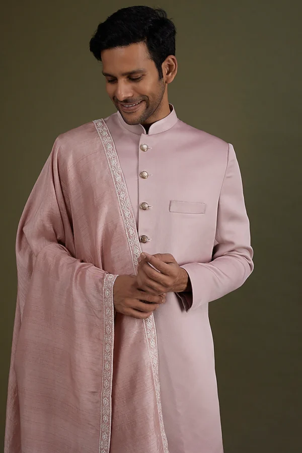 English Pink Scuba Satin Sherwani Set - Image 2