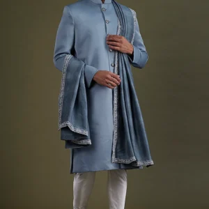 Steel Blue Scuba Satin Sherwani Set