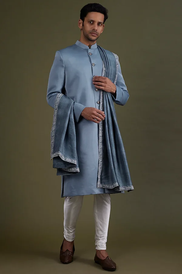 Steel Blue Scuba Satin Sherwani Set