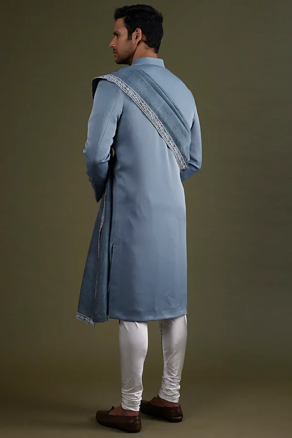 Steel Blue Scuba Satin Sherwani Set - Image 4