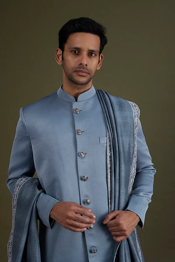 Steel Blue Scuba Satin Sherwani Set - Image 2