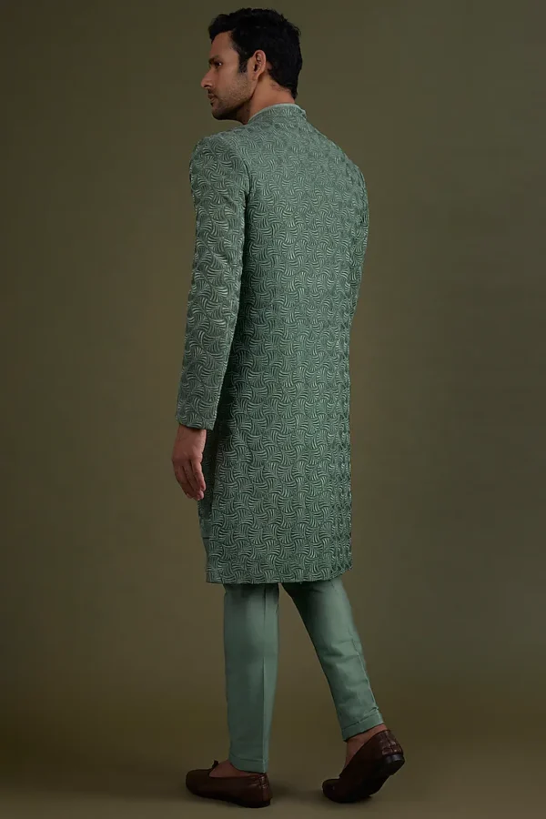 Jade Green Embroidered Sherwani Set - Image 4