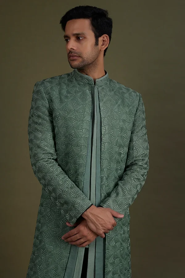 Jade Green Embroidered Sherwani Set - Image 2