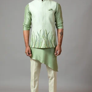 Mint Green Embroidered Nehru Jacket With Kurta Set