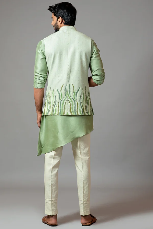 Mint Green Embroidered Nehru Jacket With Kurta Set - Image 4