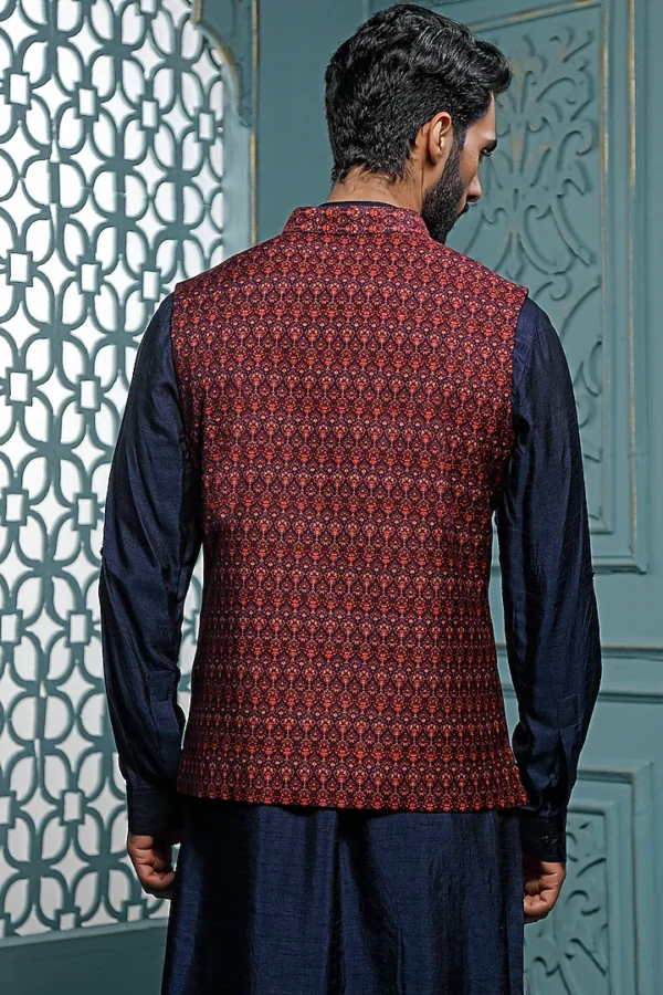 Mauve Printed Bundi Jacket Set With Kurta Set - Image 4