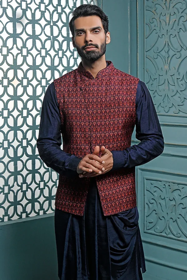 Mauve Printed Bundi Jacket Set With Kurta Set - Image 2