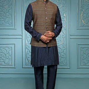 Teal Silk Kurta Set With Bundi Jacket