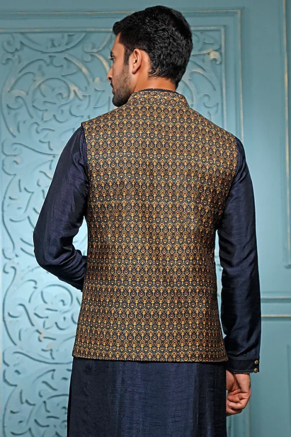 Teal Silk Kurta Set With Bundi Jacket - Image 4