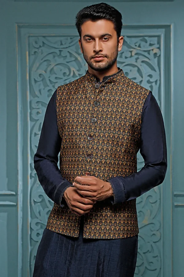 Teal Silk Kurta Set With Bundi Jacket - Image 2