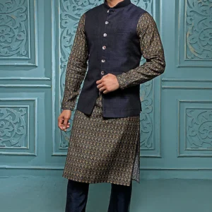 Teal Raw Silk Bundi Jacket With Kurta Set