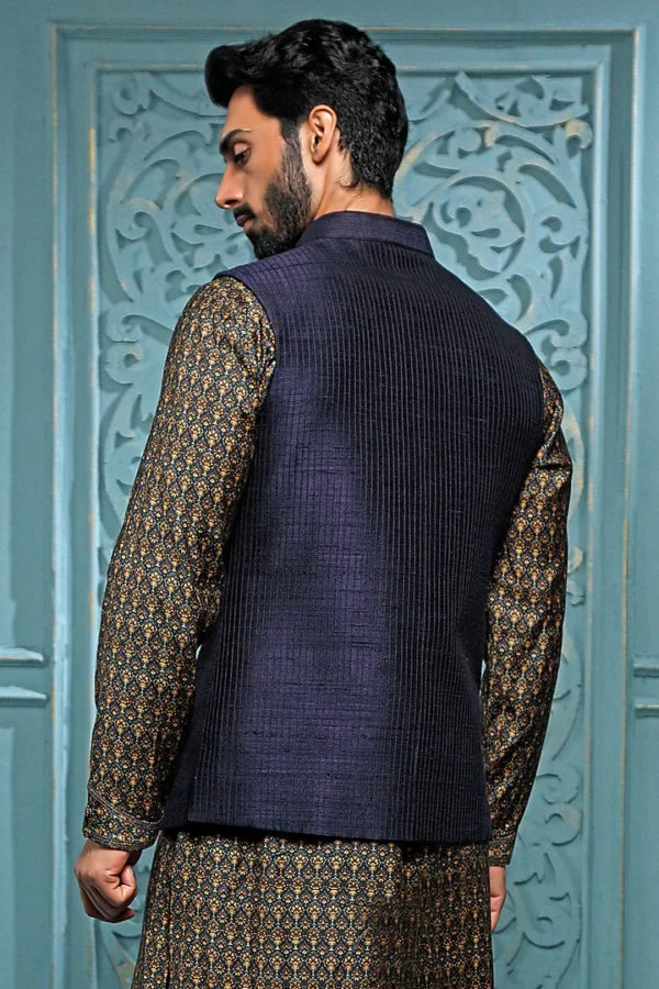 Teal Raw Silk Bundi Jacket With Kurta Set - Image 4