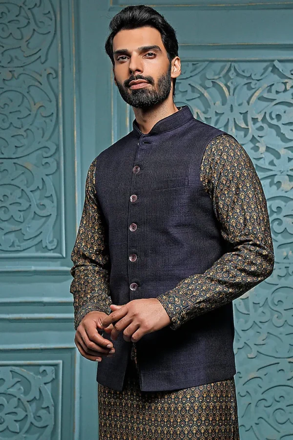 Teal Raw Silk Bundi Jacket With Kurta Set - Image 2