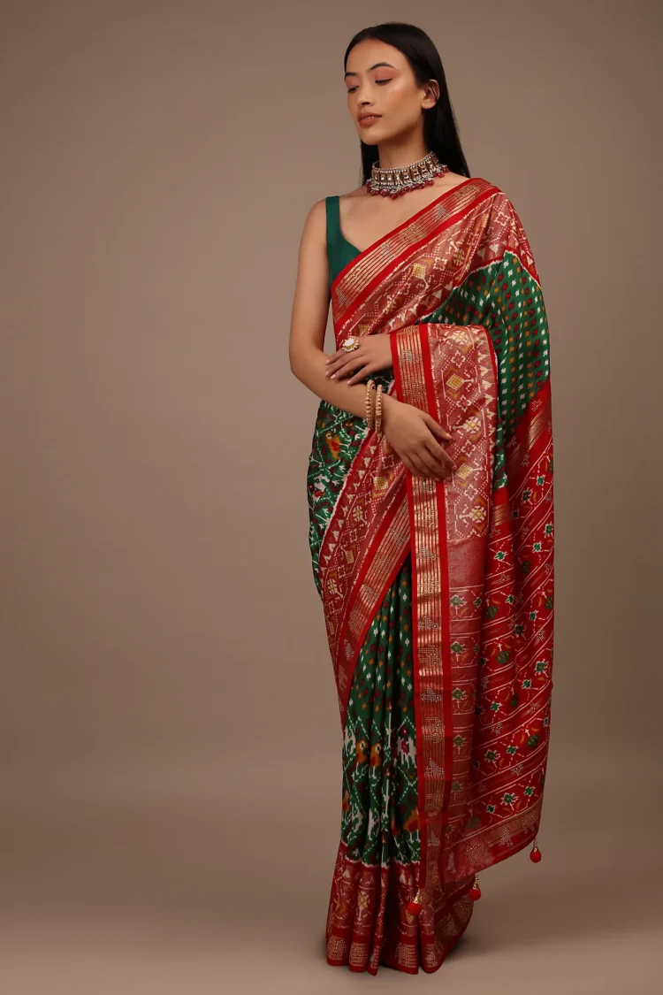 Bottle Green Saree In Silk With Multi Colored Patola And Foil Print And Contrasting Red Border